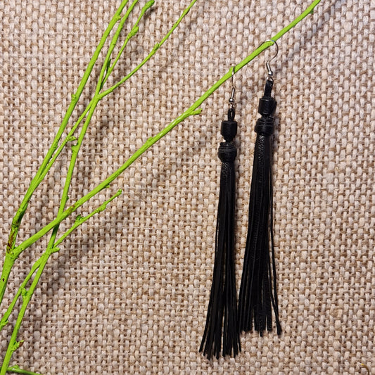 Light leather string earrings in black color from leather strips of the same length (length 12.5 cm) top row 13th from the left (JŠČ)