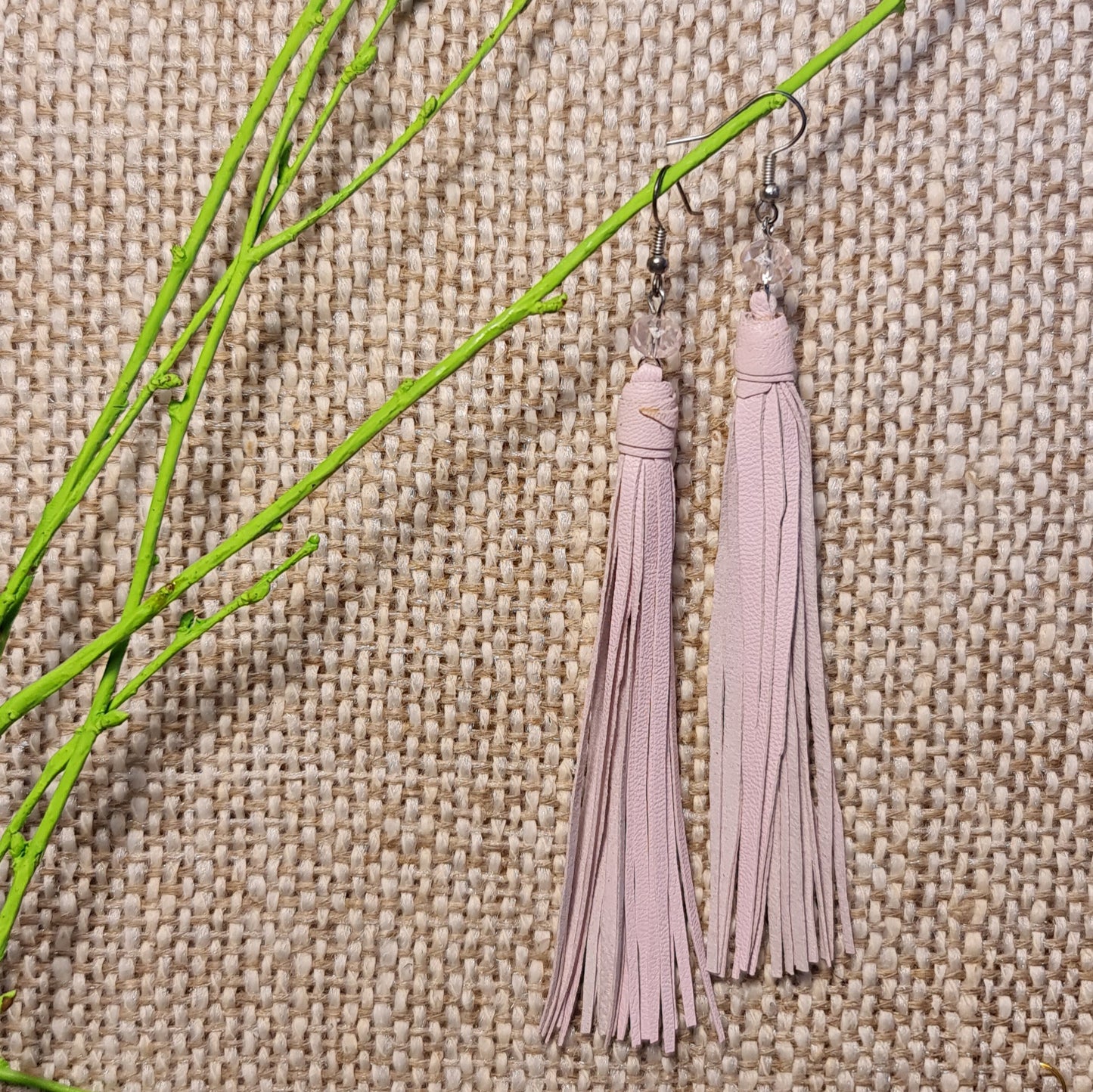 Light leather string earrings in soft light pink color of equal length leather strips with glazed split pearl (length 13 cm) bottom row 2nd from left (JŠČ)