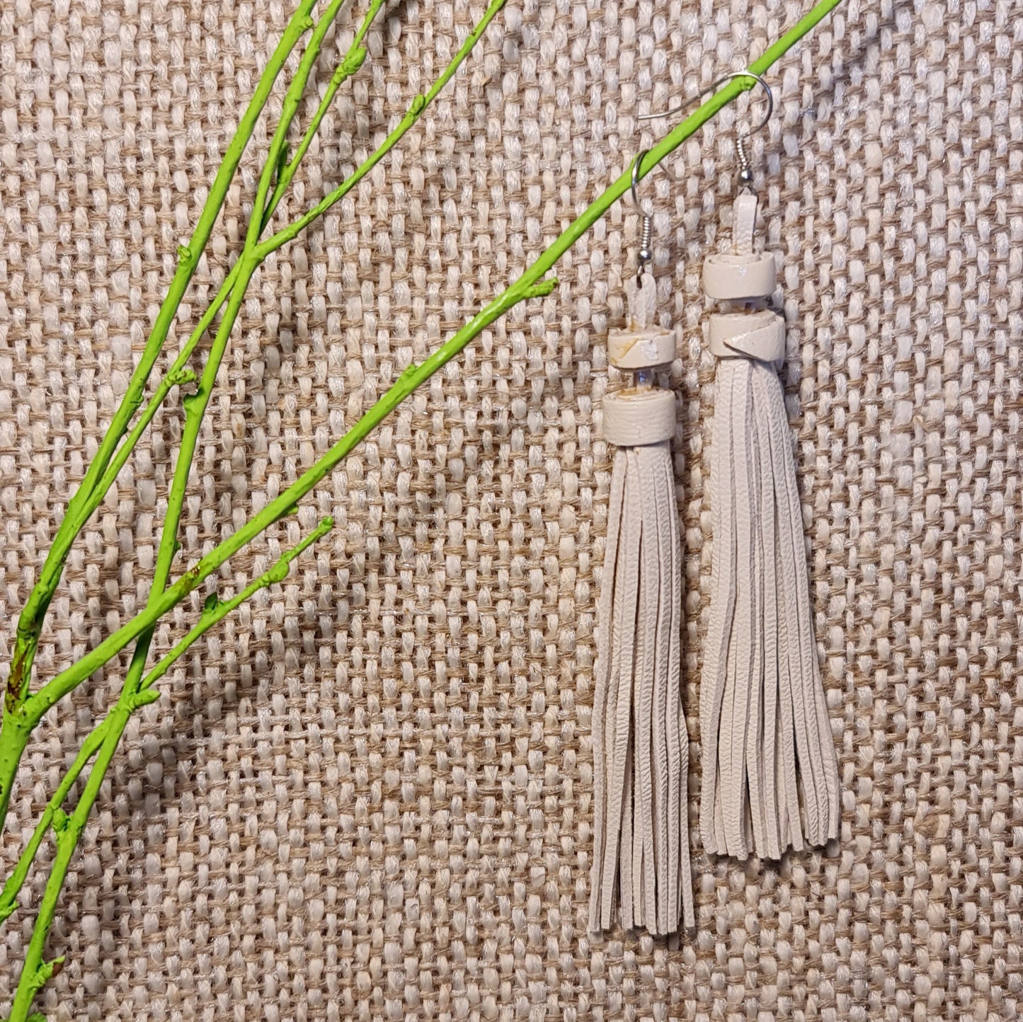 Light leather string earrings in natural white color from leather strips of the same length (length 12 cm) bottom row 8th from the left (JŠČ)