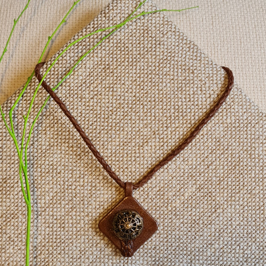 Brown / light leather necklace with square pendant and metallic look circular elements and magnetic closure (length 29 cm) (JŠČ)