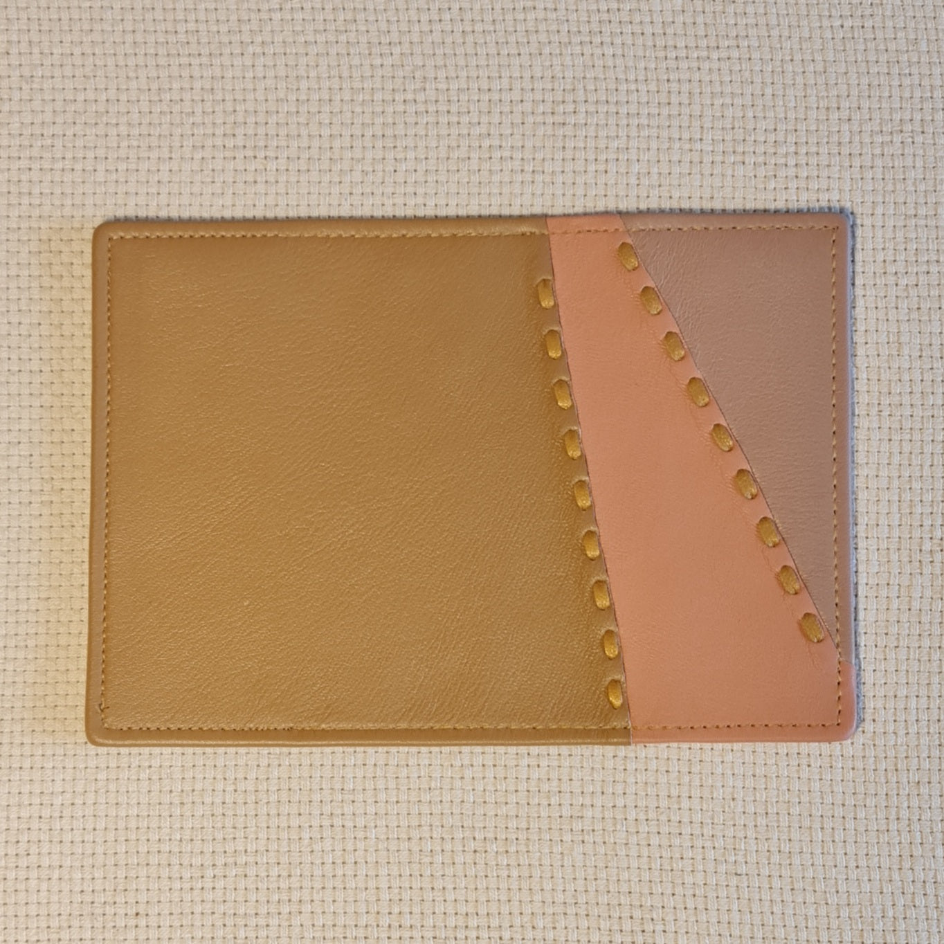 Brown / soft pink / light brown leather passport covers with brown back and vertical triangle decorative stitching (RRA)