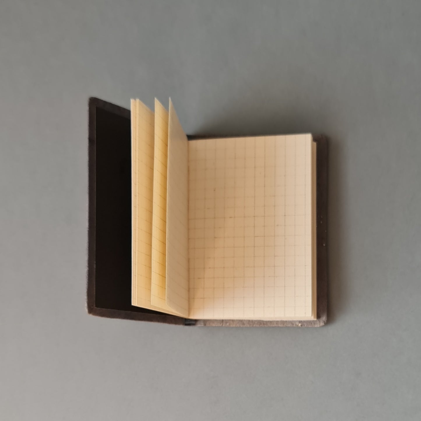 Checked notebook in a leather case. Blue-gray color with a decorative print. 7 x 10 x 1 cm (MAPL 3)