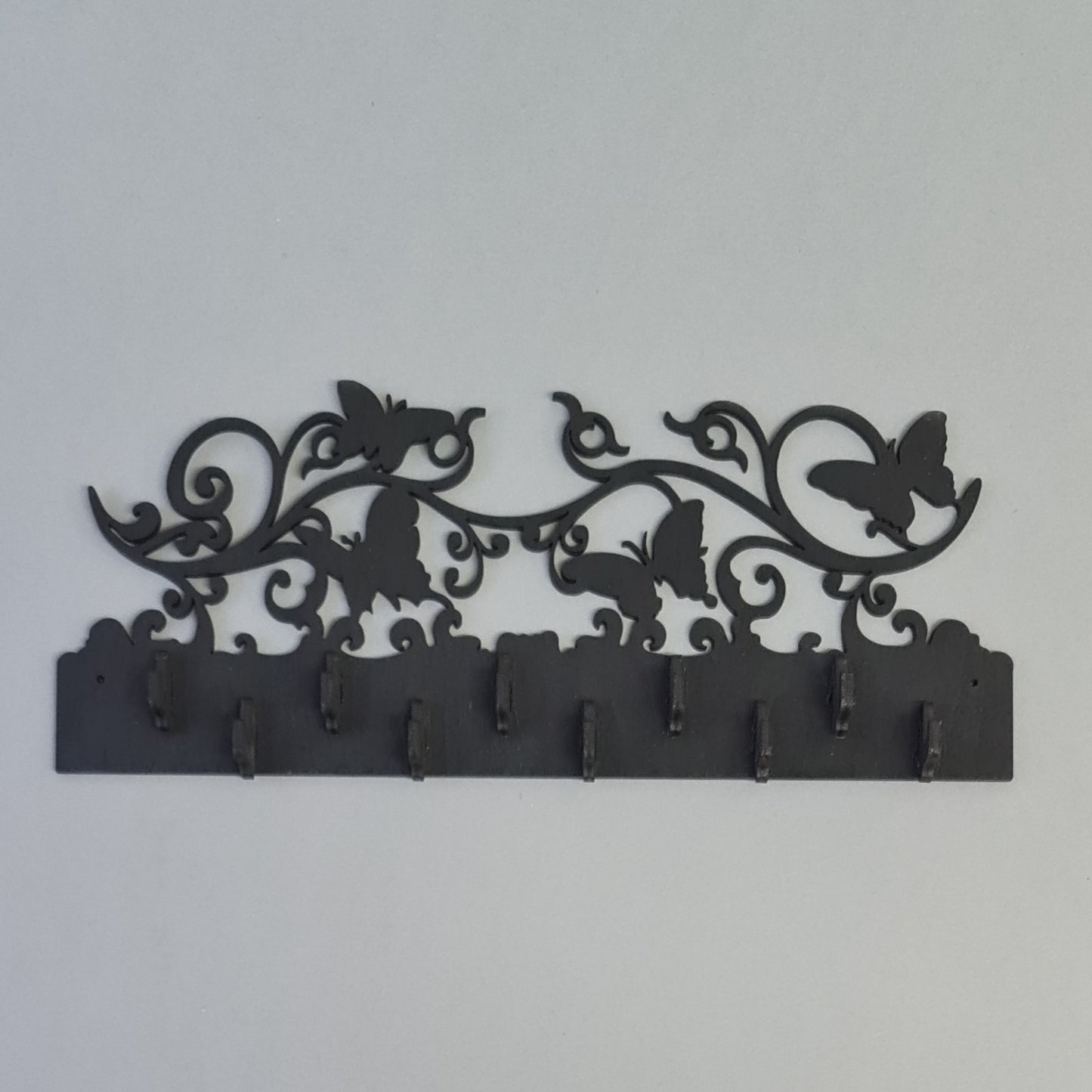 Black plywood key hanger with butterflies and 10 hooks 30x12.5 cm (RAJO 32)