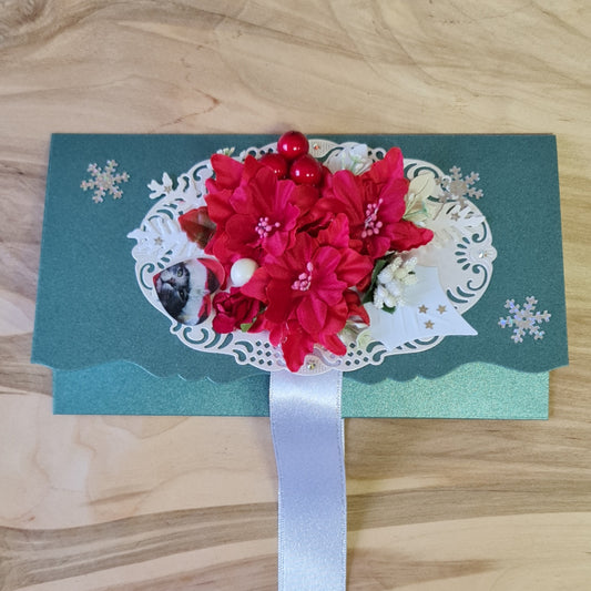 Gift envelope/card in pearl green color with 3D red and cream flowers on light background / wide silver ribbon closure / inside white silver wish part 10.8 x 19 cm (AIPU)
