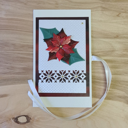 Christmas gift envelope/card 3D. With red poinsettia and 3 red tassels / gold-colored elements inside / closure with cream-colored ribbon. 11.2 x 19 cm (AIPU 42))