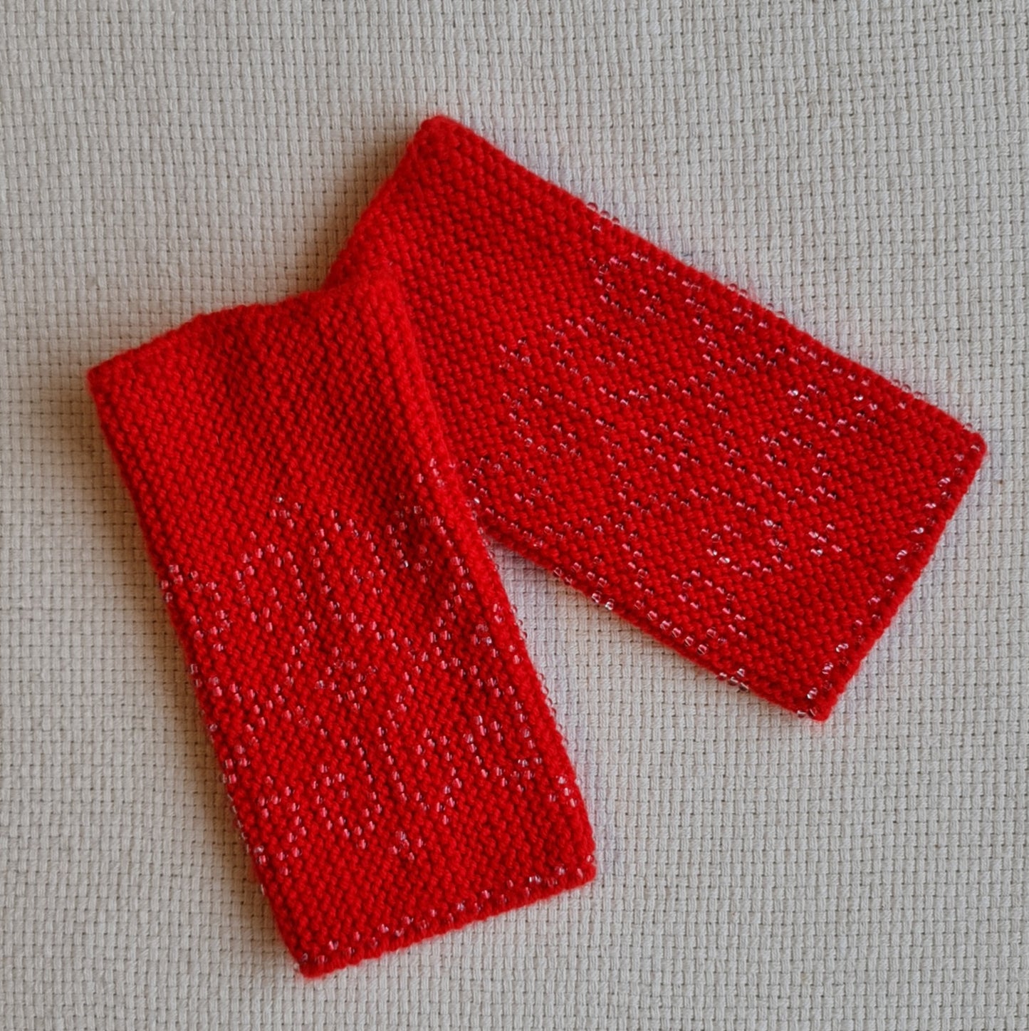Red Hand-Knitted Wraps/Pulse Warmers with Transparent Beaded Patterns (16 x 8 cm) (DAZĖ)
