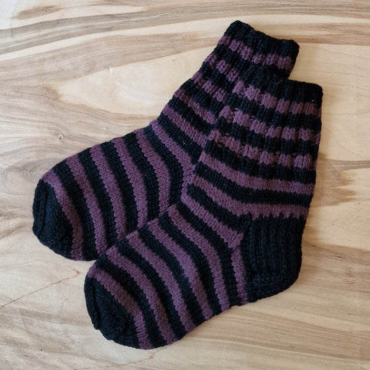 Children's wool socks size 27-29. black / purple-brown striped (SITE 30)