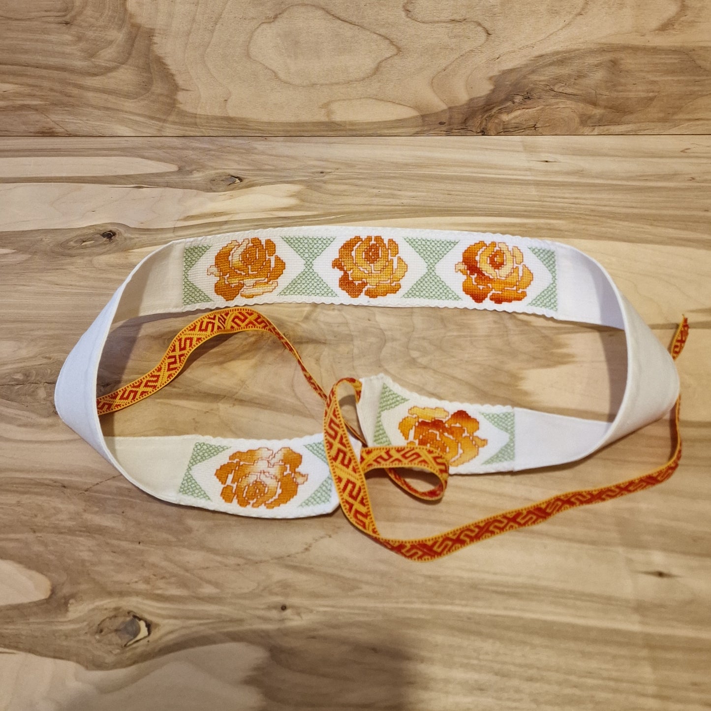Linen belt with orange/yellow rose cross-stitch embroidery (RECE 24)
