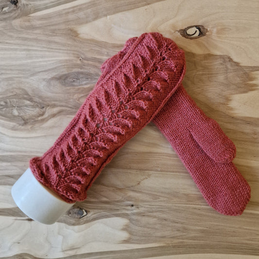 Warm pink mittens with braid pattern on top (RANI 45)