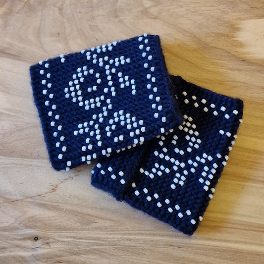 Dark blue cuffs/pulse warmers with white beads (ANST 25)