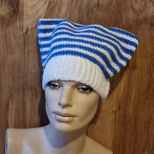 White blue striped knitted hat (ANST 22)