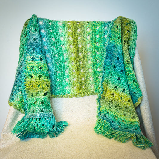 Different shades (blue-green / grayish / yellowish) soft knitted scarf with fringes on the short edges (INKU 8) 